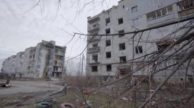 This stock slow motion video shows a war-torn building in Borodyanka, Ukraine