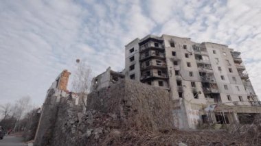 This stock slow motion video shows a war-torn building in Borodyanka, Ukraine