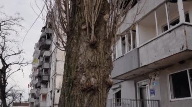 This stock slow motion video shows a war-torn building in Borodyanka, Ukraine