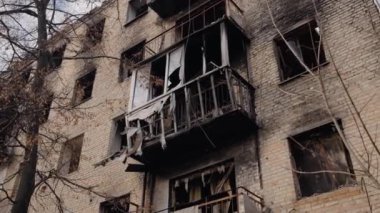 This stock slow motion video shows a war-torn building in Borodyanka, Ukraine