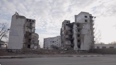 This stock slow motion video shows a war-torn building in Borodyanka, Ukraine