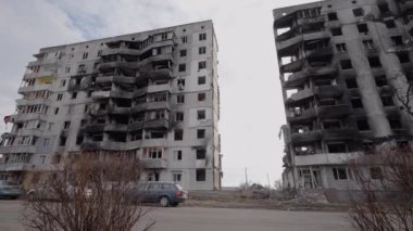 This stock slow motion video shows a war-torn building in Borodyanka, Ukraine