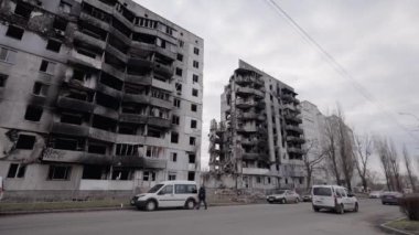 This stock slow motion video shows a war-torn building in Borodyanka, Ukraine