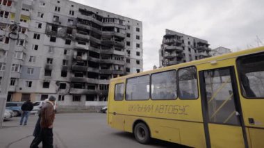 This stock slow motion video shows a war-torn building in Borodyanka, Ukraine
