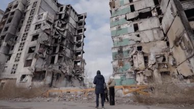 This stock slow motion video shows a war-torn building in Borodyanka, Ukraine