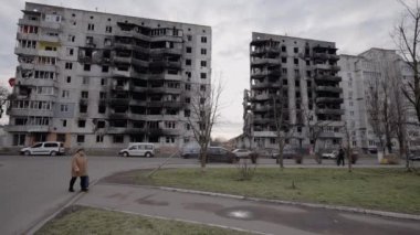 This stock slow motion video shows a war-torn building in Borodyanka, Ukraine