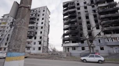 This stock slow motion video shows a war-torn building in Borodyanka, Ukraine