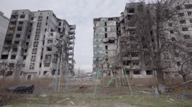 This stock slow motion video shows a war-torn building in Borodyanka, Ukraine