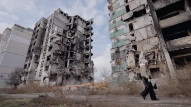 This stock slow motion video shows a war-torn building in Borodyanka, Ukraine