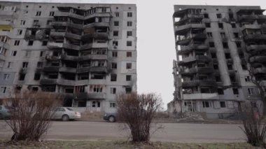 This stock slow motion video shows a war-torn building in Borodyanka, Ukraine