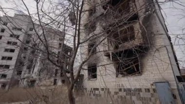 This stock slow motion video shows a war-torn building in Borodyanka, Ukraine