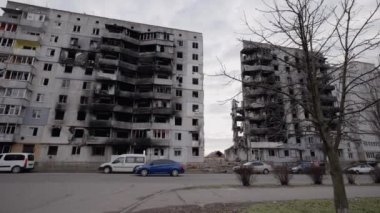 This stock slow motion video shows a war-torn building in Borodyanka, Ukraine