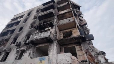 This stock slow motion video shows a war-torn building in Borodyanka, Ukraine