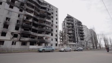 This stock slow motion video shows a war-torn building in Borodyanka, Ukraine