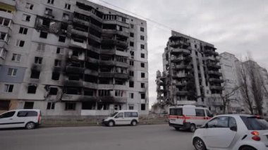 This stock slow motion video shows a war-torn building in Borodyanka, Ukraine