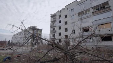This stock slow motion video shows a war-torn building in Borodyanka, Ukraine