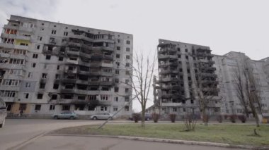 This stock slow motion video shows a war-torn building in Borodyanka, Ukraine