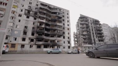 This stock slow motion video shows a war-torn building in Borodyanka, Ukraine