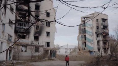 This stock slow motion video shows a war-torn building in Borodyanka, Ukraine