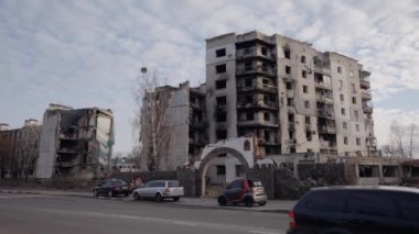 This stock slow motion video shows a war-torn building in Borodyanka, Ukraine