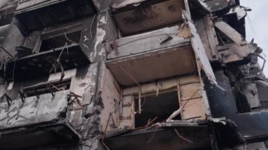 This stock slow motion video shows a war-torn building in Borodyanka, Ukraine