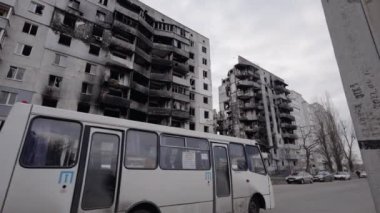 This stock slow motion video shows a war-torn building in Borodyanka, Ukraine