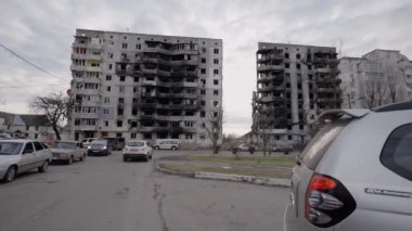 This stock slow motion video shows a war-torn building in Borodyanka, Ukraine