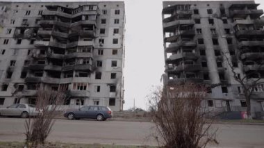 This stock slow motion video shows a war-torn building in Borodyanka, Ukraine