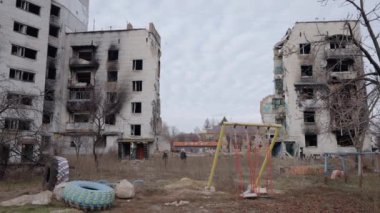 This stock slow motion video shows a war-torn building in Borodyanka, Ukraine
