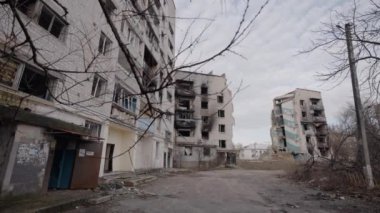 This stock slow motion video shows a war-torn building in Borodyanka, Ukraine