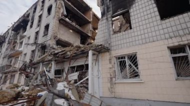 This stock slow motion video shows a war-torn building in Borodyanka, Ukraine