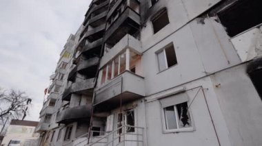 This stock slow motion video shows a war-torn building in Borodyanka, Ukraine