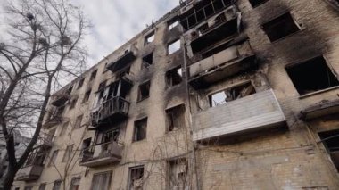 This stock slow motion video shows a war-torn building in Borodyanka, Ukraine