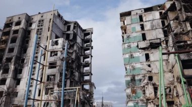 This stock slow motion video shows a war-torn building in Borodyanka, Ukraine