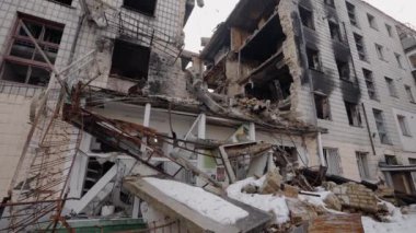 This stock slow motion video shows a war-torn building in Borodyanka, Ukraine