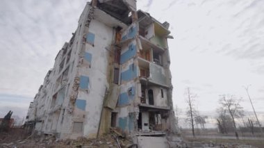 This stock slow motion video shows a war-torn building in Borodyanka, Ukraine