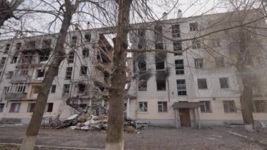This stock slow motion video shows a war-torn building in Borodyanka, Ukraine