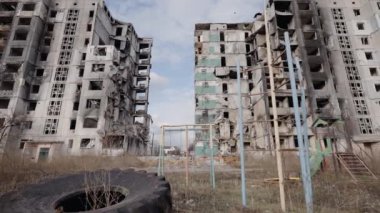 This stock slow motion video shows a war-torn building in Borodyanka, Ukraine