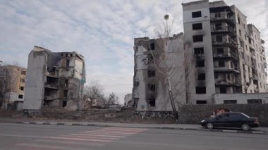 This stock slow motion video shows a war-torn building in Borodyanka, Ukraine