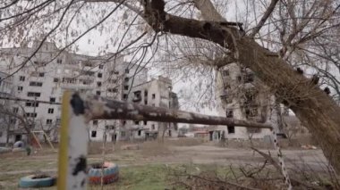This stock slow motion video shows a war-torn building in Borodyanka, Ukraine