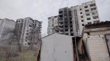 This stock slow motion video shows a war-torn building in Borodyanka, Ukraine