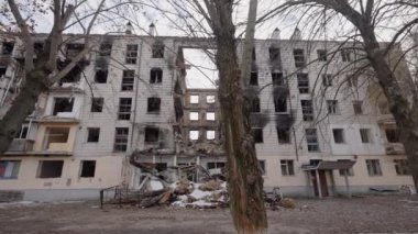 This stock slow motion video shows a war-torn building in Borodyanka, Ukraine