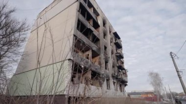 This stock slow motion video shows a war-torn building in Borodyanka, Ukraine