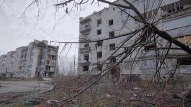 This stock slow motion video shows a war-torn building in Borodyanka, Ukraine