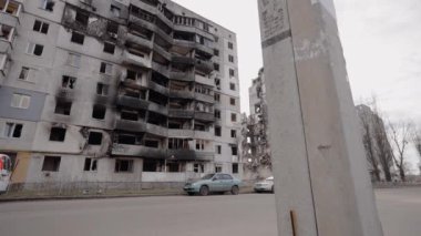 This stock slow motion video shows a war-torn building in Borodyanka, Ukraine