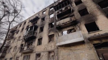 This stock slow motion video shows a war-torn building in Borodyanka, Ukraine