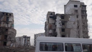 This stock slow motion video shows a war-torn building in Borodyanka, Ukraine
