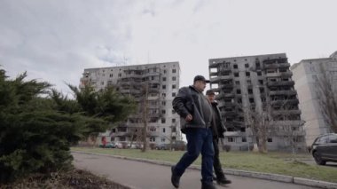 This stock slow motion video shows a war-torn building in Borodyanka, Ukraine
