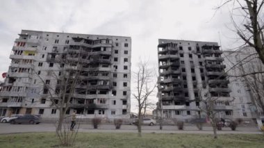 This stock slow motion video shows a war-torn building in Borodyanka, Ukraine