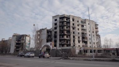 This stock slow motion video shows a war-torn building in Borodyanka, Ukraine